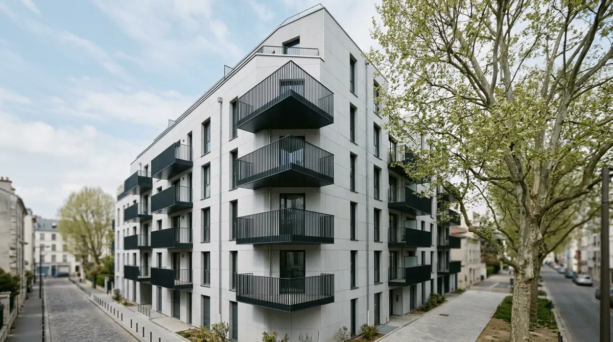 Immeuble moderne de copropriété, façade claire et balcons alignés