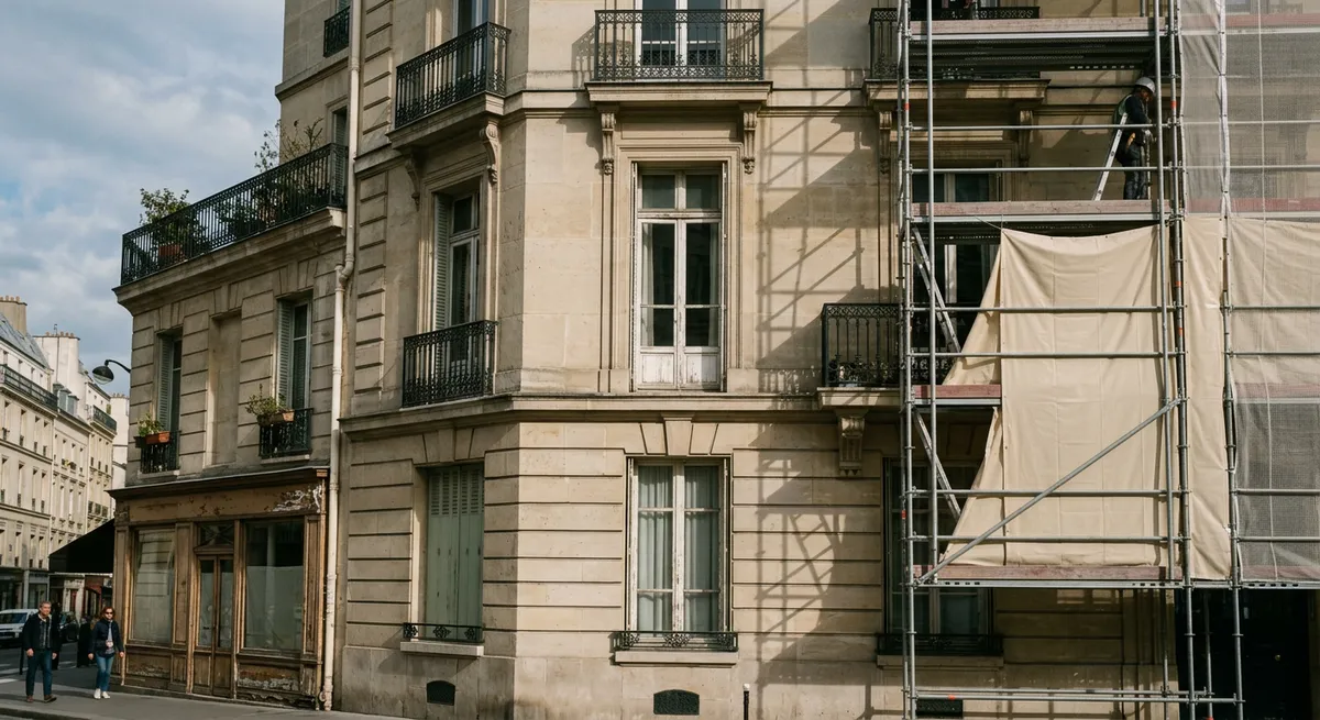 Immeuble en cours de réhabilitation avec échafaudage