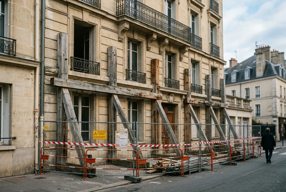 Façade d'immeuble ancien consolidée par des étais, derrière des barrières de chantier