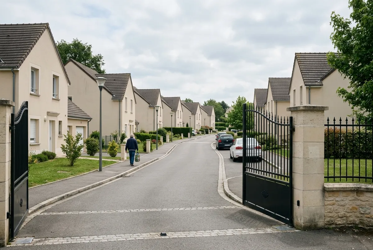 Allée privée bordée de maisons individuelles avec un portail d'entrée commun