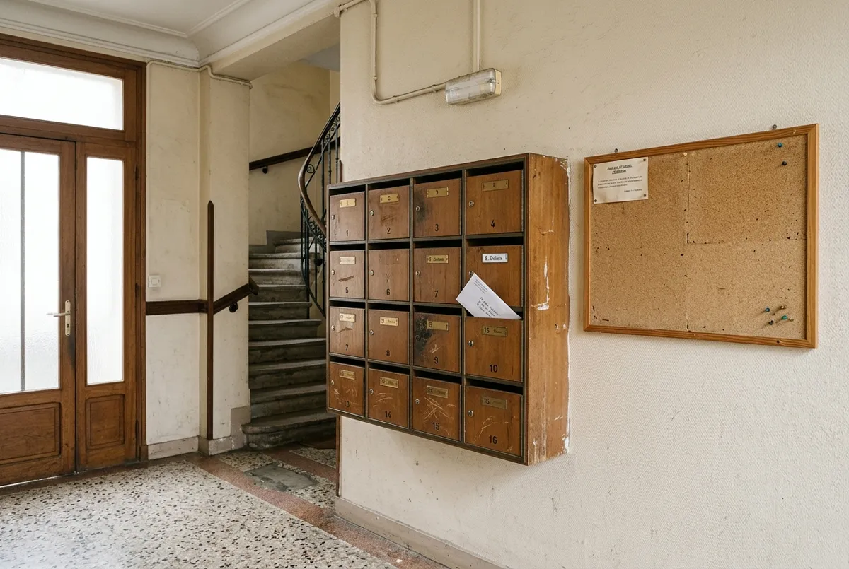 Hall d'immeuble ancien avec boîtes aux lettres et tableau d'affichage vide