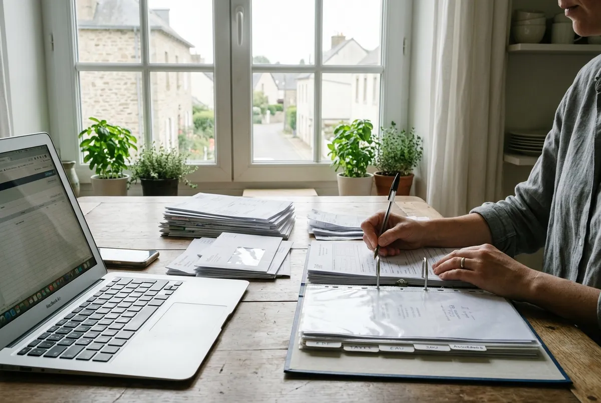 Classeur ouvert, factures et ordinateur portable sur une table de cuisine