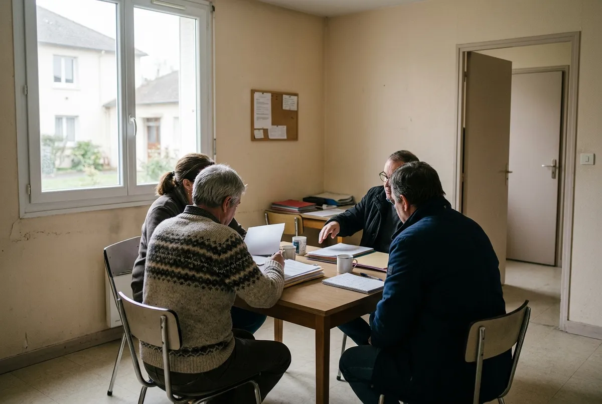 Réunion de copropriétaires autour d'une table dans une salle commune d'immeuble