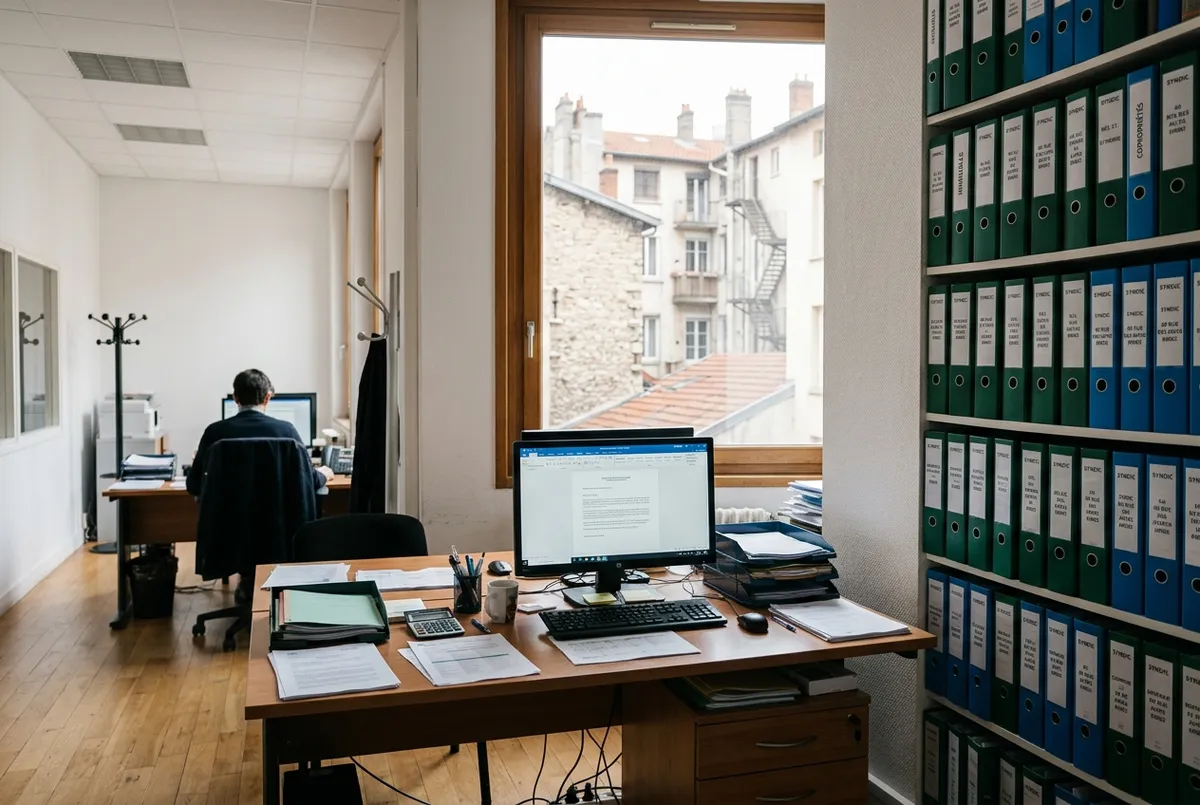 Bureau de syndic avec classeurs d'immeubles et vue sur la ville