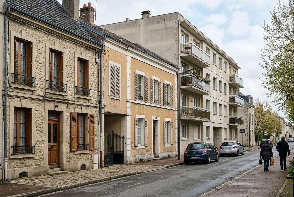 Rue française avec plusieurs types d'immeubles côte à côte